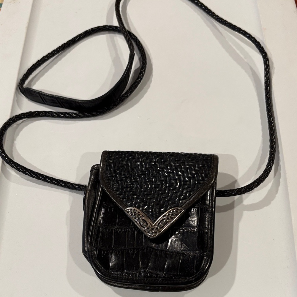 Brighton Black Woven & Croc-Embossed Crossbody Bag with Silver Accent